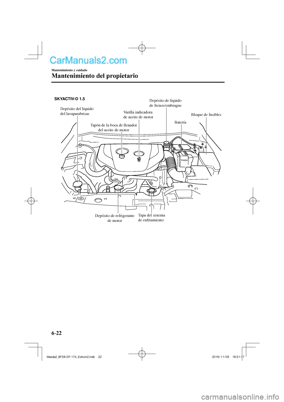 MAZDA MODEL 2 2018  Manual del propietario (in Spanish) 6–22
Mantenimiento y cuidado
Mantenimiento del propietario
 
Depósito del líquido 
del lavaparabrisasVarilla indicadora 
de aceite de motor
Batería
Bloque de fusibles
Tapa del sistema 
de enfriam