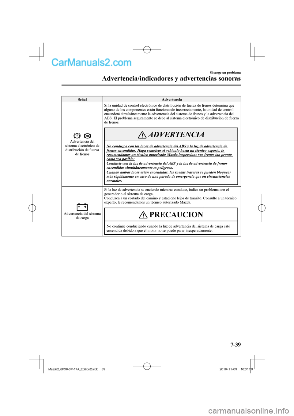 MAZDA MODEL 2 2018  Manual del propietario (in Spanish) 7–39
Si surge un problema
Advertencia/indicadores y advertencias sonoras
 Señal   Advertencia 
 
 
 Advertencia  del 
sistema electrónico de 
distribución de fuerza 
de frenos  Si la unidad de co