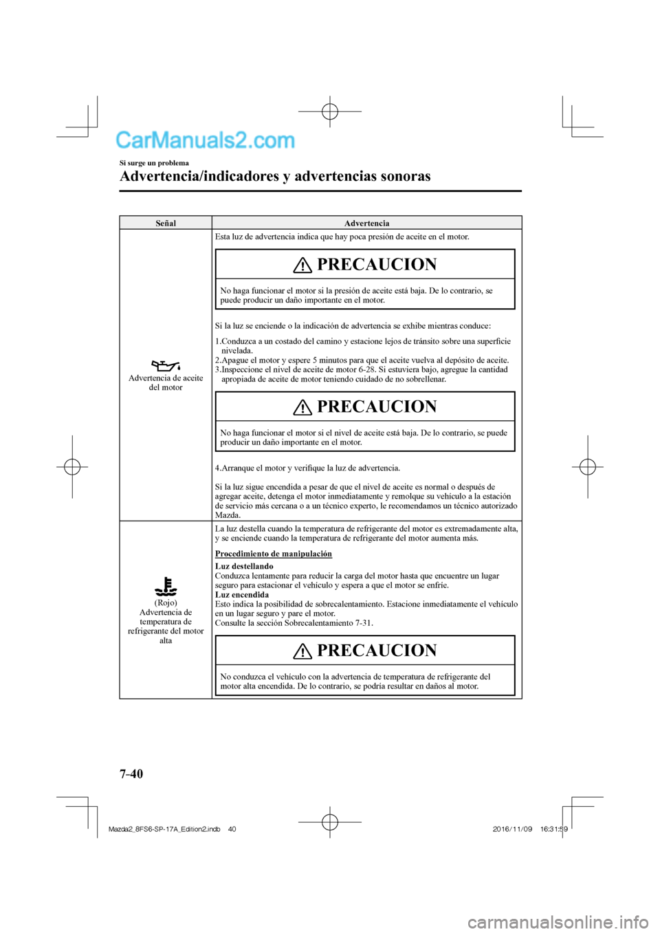 MAZDA MODEL 2 2018  Manual del propietario (in Spanish) 7–40
Si surge un problema
Advertencia/indicadores y advertencias sonoras
 Señal   Advertencia 
  
 
  Advertencia  de  aceite 
del motor  Esta luz de advertencia indica que hay poca presión de ace