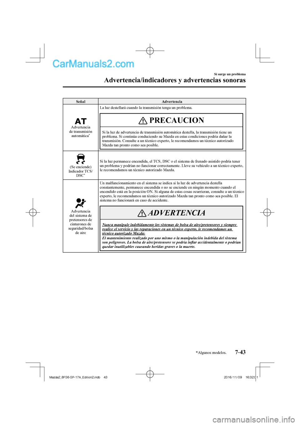 MAZDA MODEL 2 2018  Manual del propietario (in Spanish) 7–43
Si surge un problema
Advertencia/indicadores y advertencias sonoras
*Algunos modelos.
 Señal   Advertencia 
  
 
  Advertencia 
de transmisión 
automática 
*   La luz destellará cuando la t