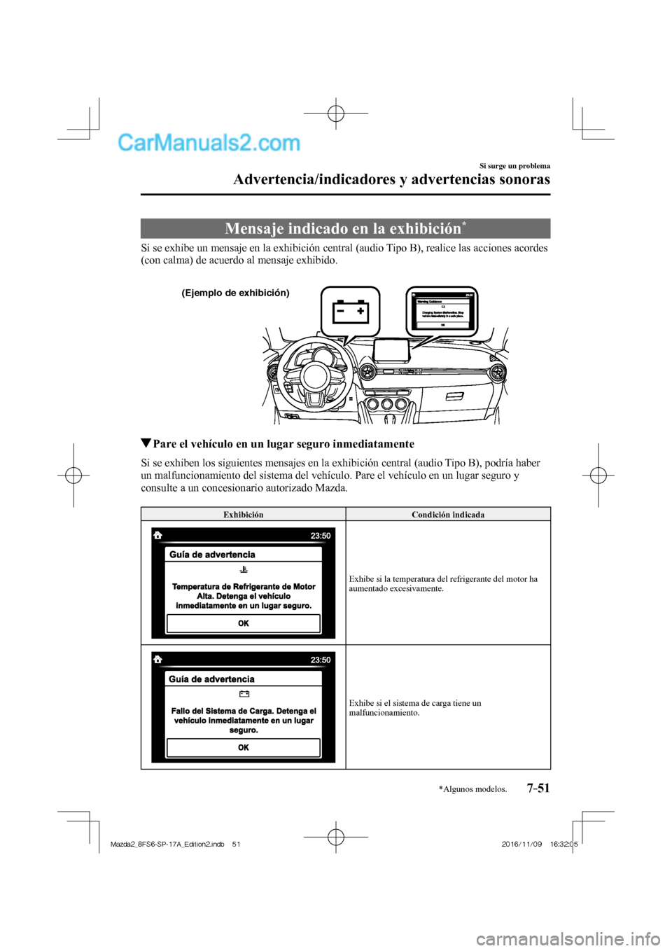 MAZDA MODEL 2 2018  Manual del propietario (in Spanish) 7–51
Si surge un problema
Advertencia/indicadores y advertencias sonoras
*Algunos modelos.
 Mensaje indicado en la exhibición * 
            Si se exhibe un mensaje en la exhibición central (audio