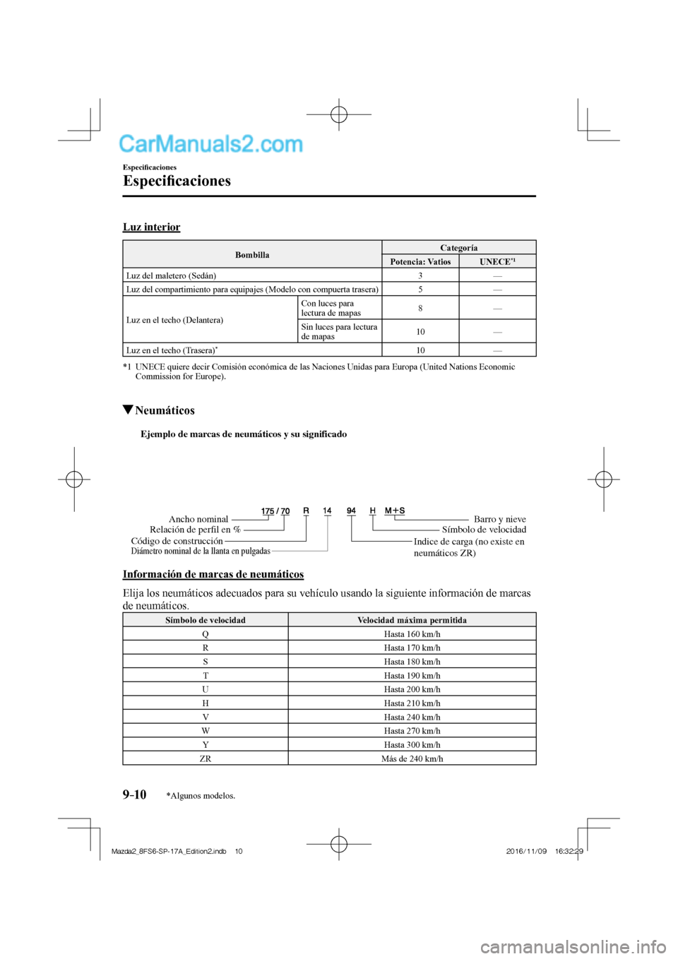 MAZDA MODEL 2 2018  Manual del propietario (in Spanish) 9–10
Especiﬁ caciones
Especiﬁ caciones
*Algunos modelos.
    Luz  interior
 Bombilla  Categoría 
 Potencia:  Vatios    UNECE  *1  
 Luz del maletero (Sedán)   3   — 
 Luz del compartimiento 