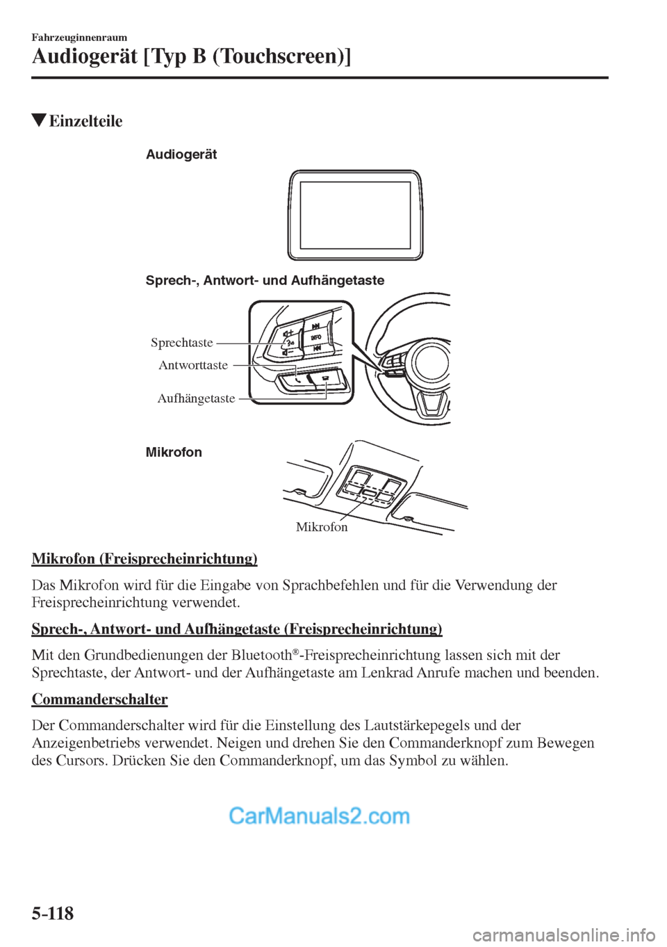 MAZDA MODEL 2 2017  Betriebsanleitung (in German) 5–118
Fahrzeuginnenraum
Audiogerät [Typ B (Touchscreen)]
          Einzelteile
   Mikrofon Sprech-, Antwort- und Aufhängetaste
Mikrofon Audiogerät
Sprechtaste
AufhängetasteAntworttaste
 
  Mikro
