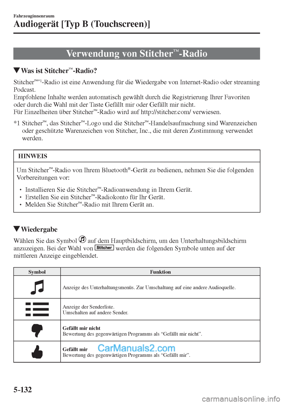 MAZDA MODEL 2 2017  Betriebsanleitung (in German) 5–132
Fahrzeuginnenraum
Audiogerät [Typ B (Touchscreen)]
 Verwendung von Stitcher™-Radio
       Was ist Stitcher™-Radio?
    Stitcher™ *1 -Radio ist eine Anwendung für die Wiedergabe von Int