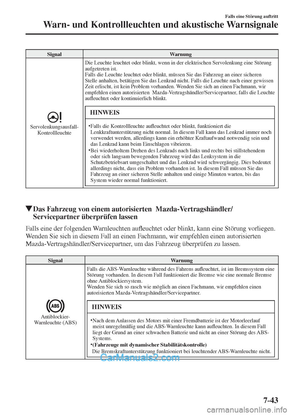 MAZDA MODEL 2 2017  Betriebsanleitung (in German) 7–43
Falls eine Störung auftritt
Warn- und Kontrollleuchten und akustische Warnsignale
 Signal   Warnung 
  
 
  Servolenkungsausfall-
Kontrollleuchte  Die Leuchte leuchtet oder blinkt, wenn in der