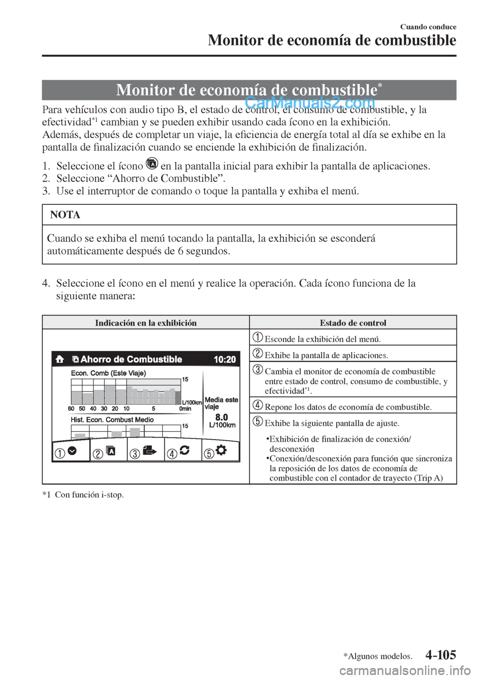 MAZDA MODEL 2 2017  Manual del propietario (in Spanish) 4–105
Cuando conduce
Monitor de economía de combustible
*Algunos modelos.
      Monitor  de  economía  de  combustible * 
            Para vehículos con audio tipo B, el estado de control, el con