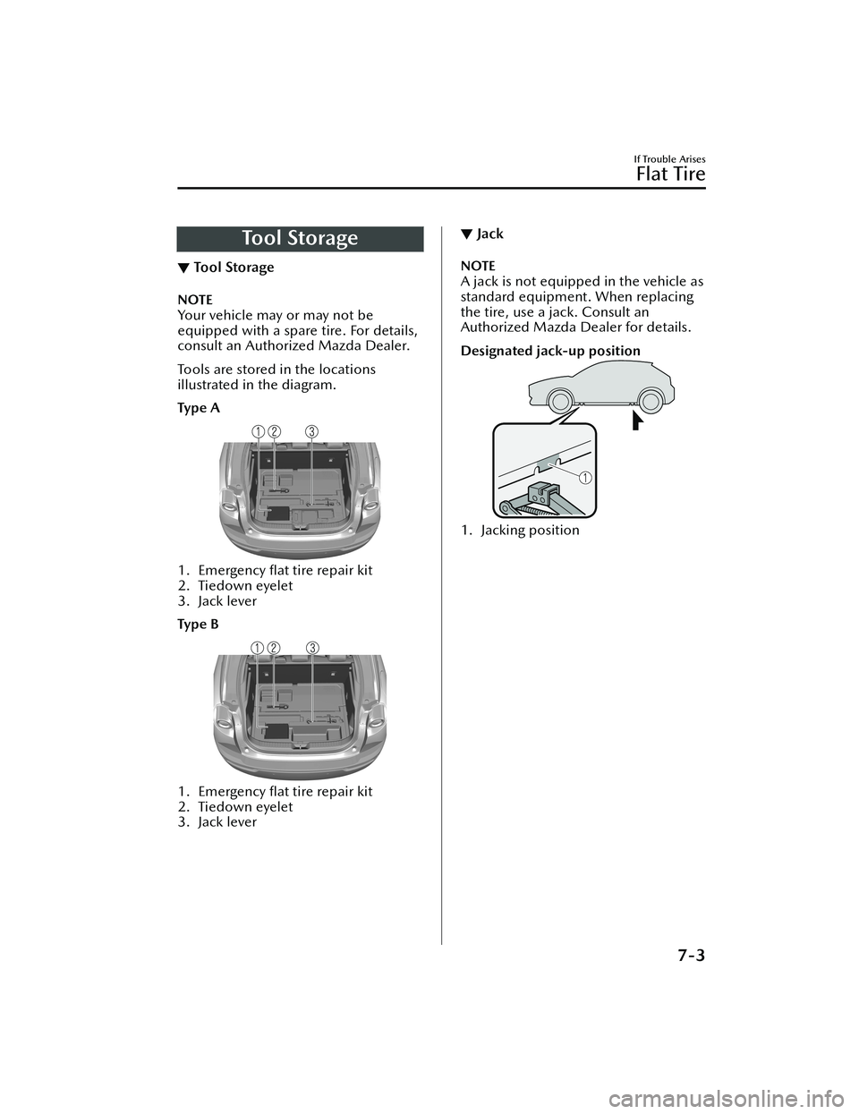 MAZDA MODEL MX-30 EV 2022  Owners Manual To o l  S t o ra g e
▼Tool Storage
NOTE
Your vehicle may or may not be
equipped with a spare tire. For details,
consult an Authorized Mazda Dealer.
Tools are stored in the locations
illustrated in t