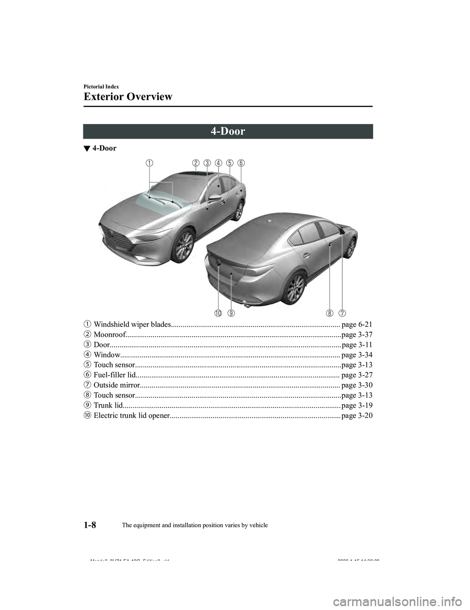 MAZDA MODEL 3-SEDAN 2020  Owners Manual 4-Door
▼4-Door
ƒ
Windshield wiper blades........................................ ............................................... page 6-21
„ Moonroof............................................