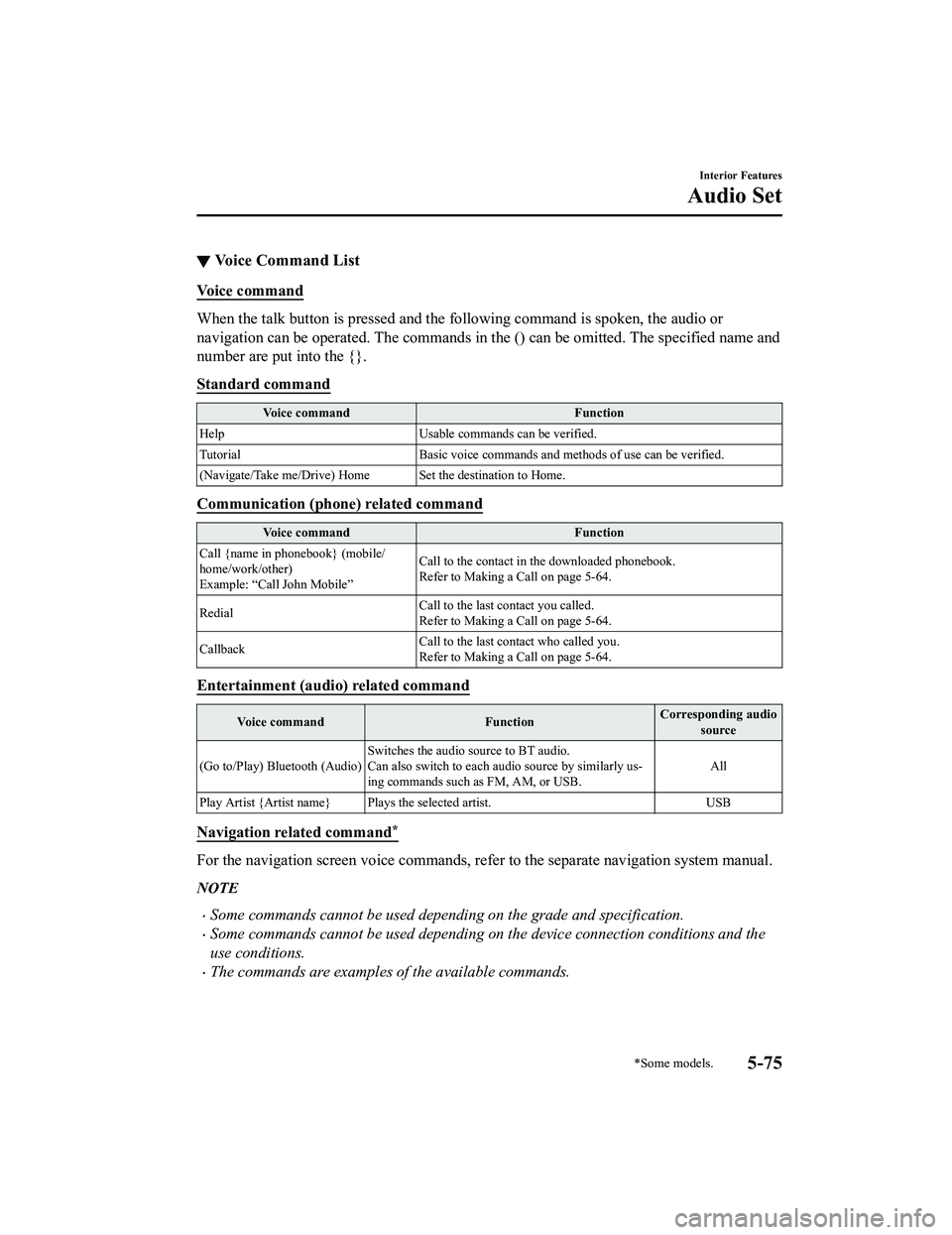 MAZDA MODEL MX-5 MIATA 2020  Owners Manual ▼Voice Command List
Voice command
When the talk button is pressed and the following command is sp
oken, the audio or
navigation can be operated. The commands in the () can be omitt ed. The specified
