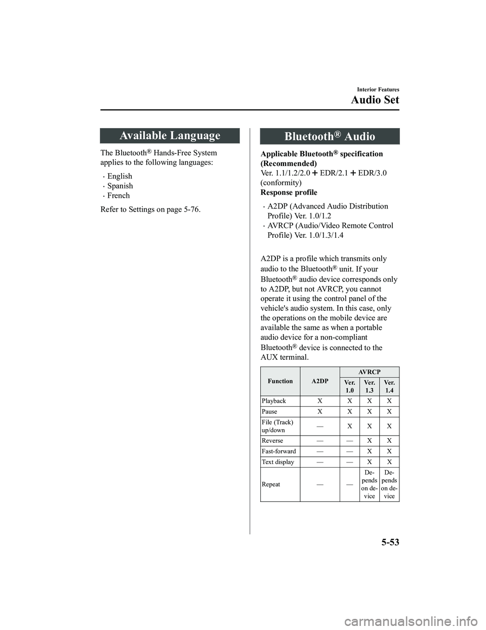 MAZDA MODEL MX-5 MIATA RF 2020  Owners Manual Available Language
The Bluetooth® Hands-Free System
applies to the following languages:
English
Spanish
French
Refer to Setting s on page 5-76.
Bluetooth® Audio
Applicable Bluetooth® speci