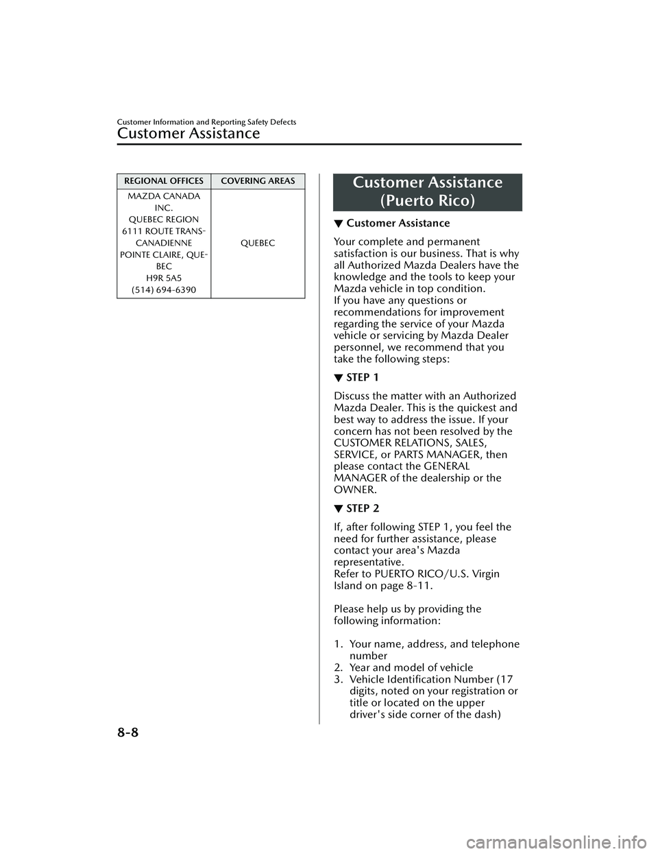 MAZDA MODEL CX-30 2020  Owners Manual REGIONAL OFFICES COVERING AREASMAZDA CANADA INC.
QUEBEC REGION
6111 ROUTE TRANS- CANADIENNE
POINTE CLAIRE, QUE-
BEC
H9R 5A5
(514) 694-6390 QUEBECCustomer Assistance
(Puerto Rico)
▼Customer Assistanc