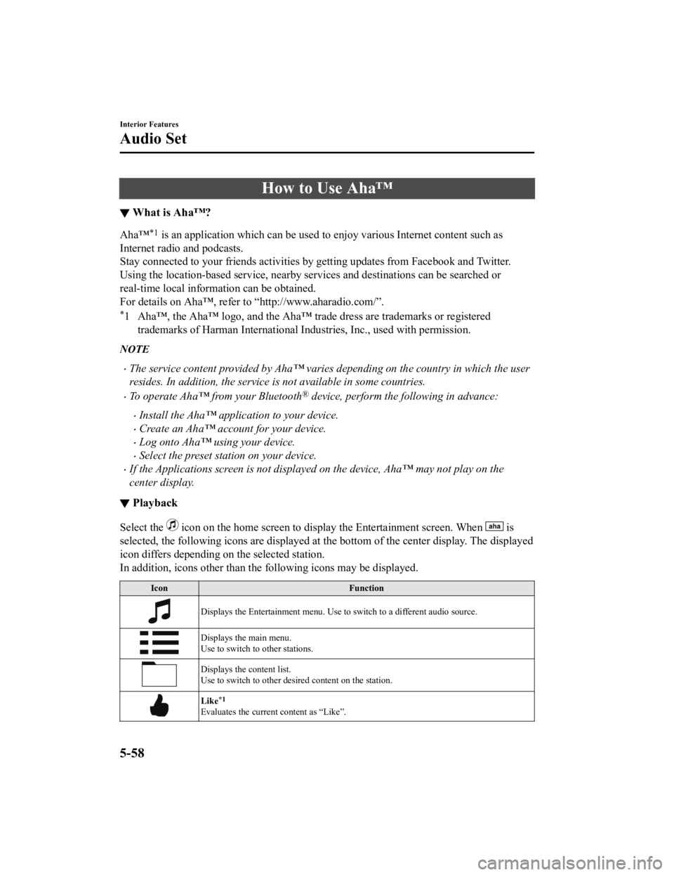 MAZDA MODEL MX-5 MIATA RF 2019 Owners Manual How to Use Aha™
▼What is Aha™?
Aha™*1 is an application which can be used to enjoy various Internet
content such as
Internet radio and podcasts.
Stay connected to your friends activities by MAZDA MODEL MX-5 MIATA RF 2019 Owners Manual How to Use Aha™
▼What is Aha™?
Aha™*1 is an application which can be used to enjoy various Internet
content such as
Internet radio and podcasts.
Stay connected to your friends activities by