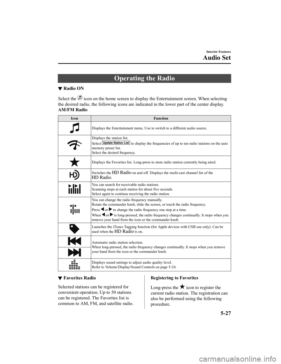 MAZDA MODEL CX-5 SKYACTIV-D 2019  Owners Manual Operating the Radio
▼Radio ON
Select the  icon on the home screen to display th
e Entertainment screen. When selecting
the desired radio, the following icons are indi cated in the lower part of the 