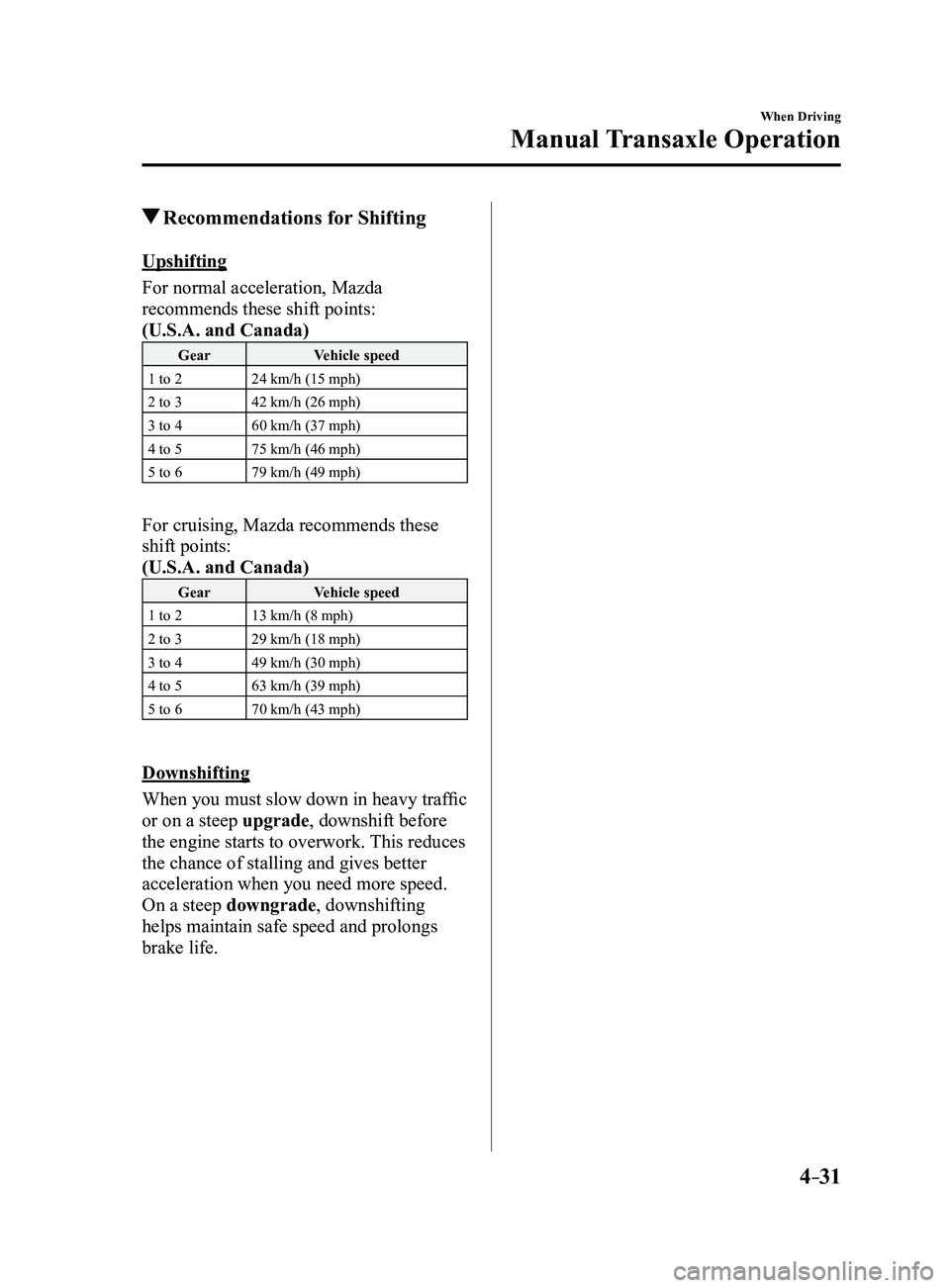 MAZDA MODEL 3 5-DOOR 2017  Owners Manual 4–31
When Driving
Manual Transaxle Operation
 Recommendations for Shifting
Upshifting
For normal acceleration, Mazda 
recommends these shift points:
(U.S.A. and Canada)
GearVehicle speed
1 to 2 24 k