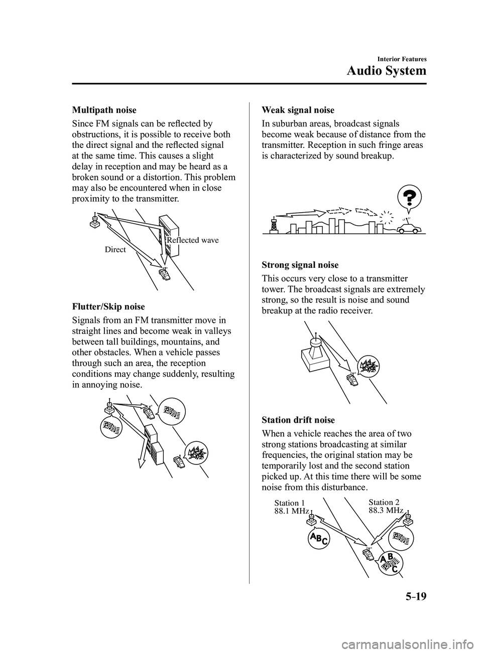 MAZDA MODEL 3 4-DOOR 2017 Owners Manual 5–19
Interior Features
Audio System
Multipath noise
Since FM signals can be reflected by
obstructions, it is possible to receive both
the direct signal and the reflected signal
at the same time. MAZDA MODEL 3 4-DOOR 2017 Owners Manual 5–19
Interior Features
Audio System
Multipath noise
Since FM signals can be reflected by
obstructions, it is possible to receive both
the direct signal and the reflected signal
at the same time.