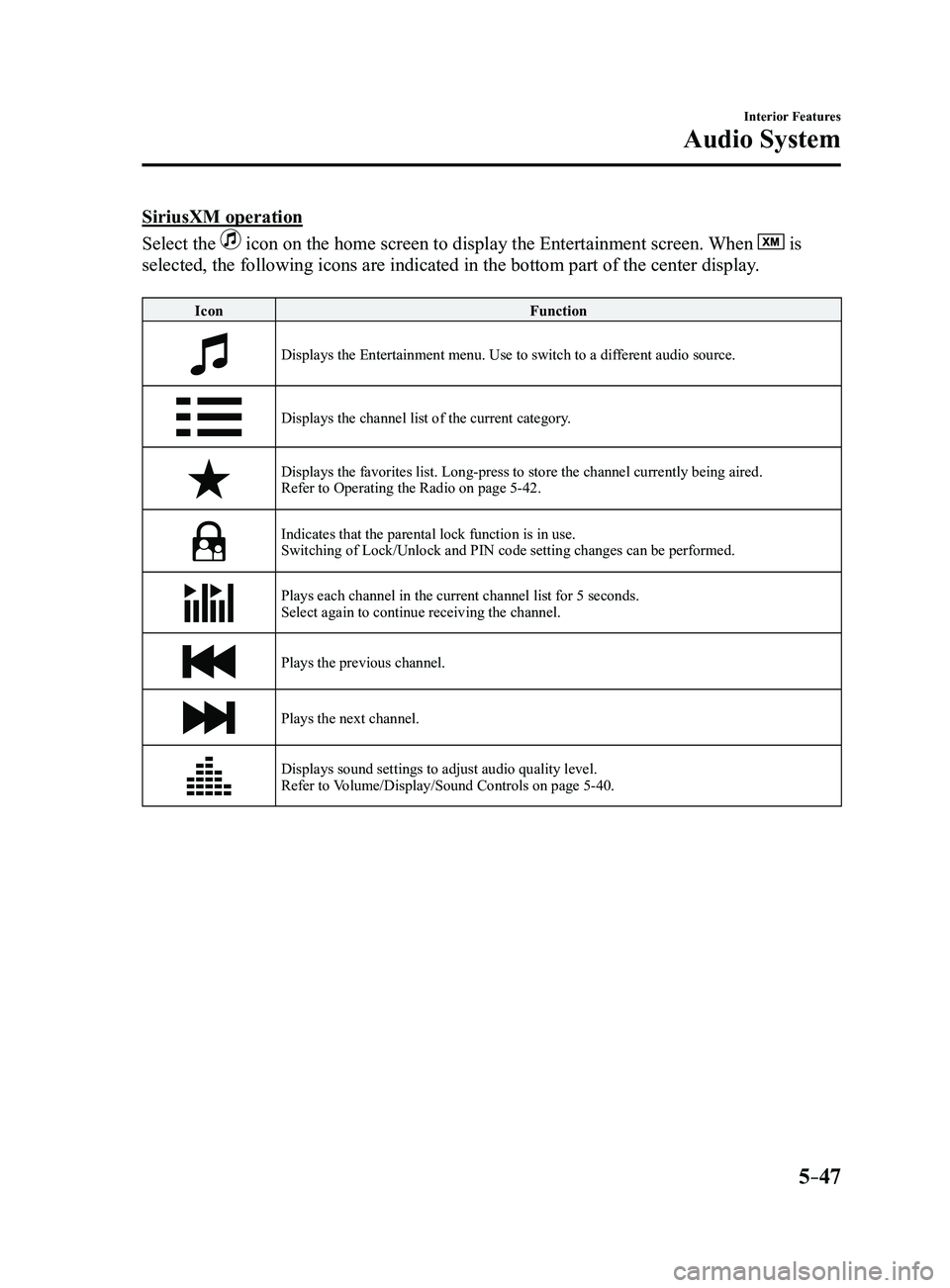 MAZDA MODEL 3 5-DOOR 2017  Owners Manual 5–47
Interior Features
Audio System
SiriusXM operation
Select the 
 icon on the home screen to display the Entertainment screen. When  is 
selected, the following icons are indicated in the bottom p