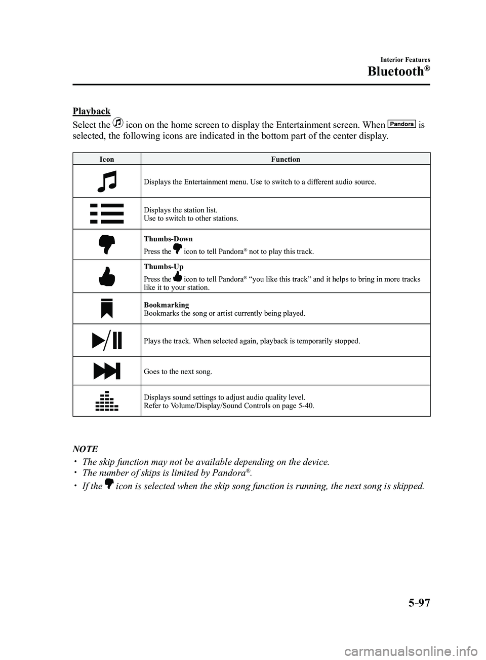 MAZDA MODEL 3 4-DOOR 2017 Owners Manual 5–97
Interior Features
Bluetooth®
Playback
Select the
icon on the home screen to display the Entertainment screen. When is
selected, the following icons are indicated in the bottom part of the MAZDA MODEL 3 4-DOOR 2017 Owners Manual 5–97
Interior Features
Bluetooth®
Playback
Select the
icon on the home screen to display the Entertainment screen. When is
selected, the following icons are indicated in the bottom part of the