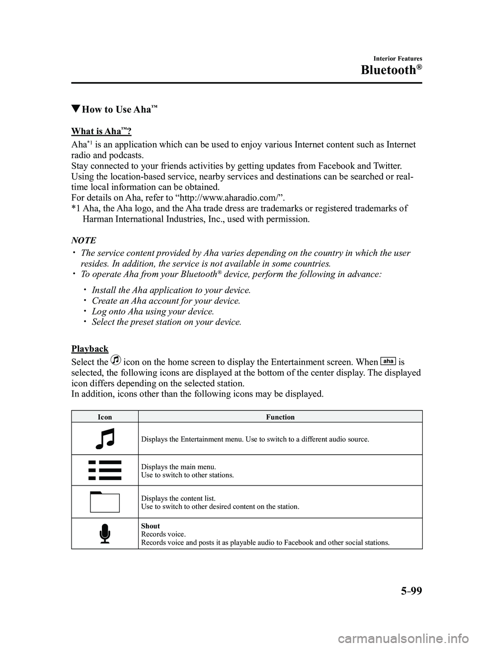 MAZDA MODEL 3 4-DOOR 2017 Owners Manual 5–99
Interior Features
Bluetooth®
How to Use Aha™
What is Aha™?
Aha
*1 is an application which can be used to enjoy various Internet content s\
uch as Internet
radio and podcasts.
Stay conne MAZDA MODEL 3 4-DOOR 2017 Owners Manual 5–99
Interior Features
Bluetooth®
How to Use Aha™
What is Aha™?
Aha
*1 is an application which can be used to enjoy various Internet content s\
uch as Internet
radio and podcasts.
Stay conne