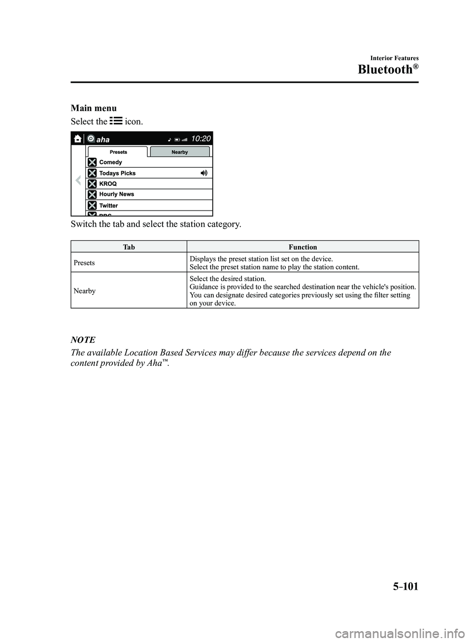 MAZDA MODEL 3 4-DOOR 2017  Owners Manual 5–101
Interior Features
Bluetooth®
Main menu
Select the 
 icon.
Switch the tab and select the station category.
Ta bFunction
Presets Displays the preset station list set on the device.
Select the p