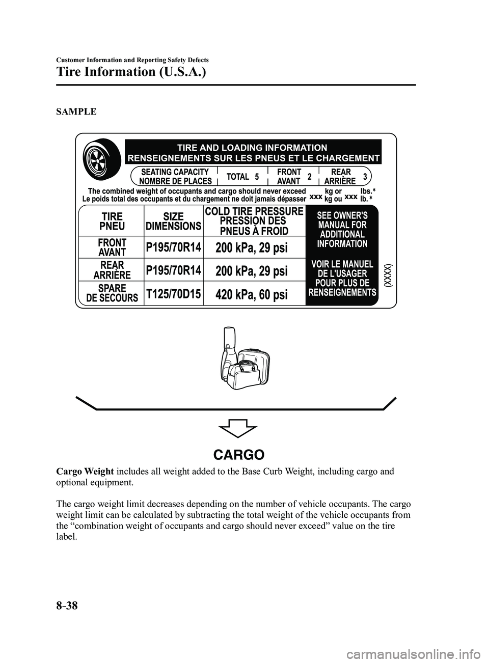 MAZDA MODEL 3 4-DOOR 2017  Owners Manual 8–38
Customer Information and Reporting Safety Defects
Tire Information (U.S.A.)
SAMPLE
CARGO
Cargo Weight includes all weight added to the Base Curb Weight, including cargo and 
optional equipment.