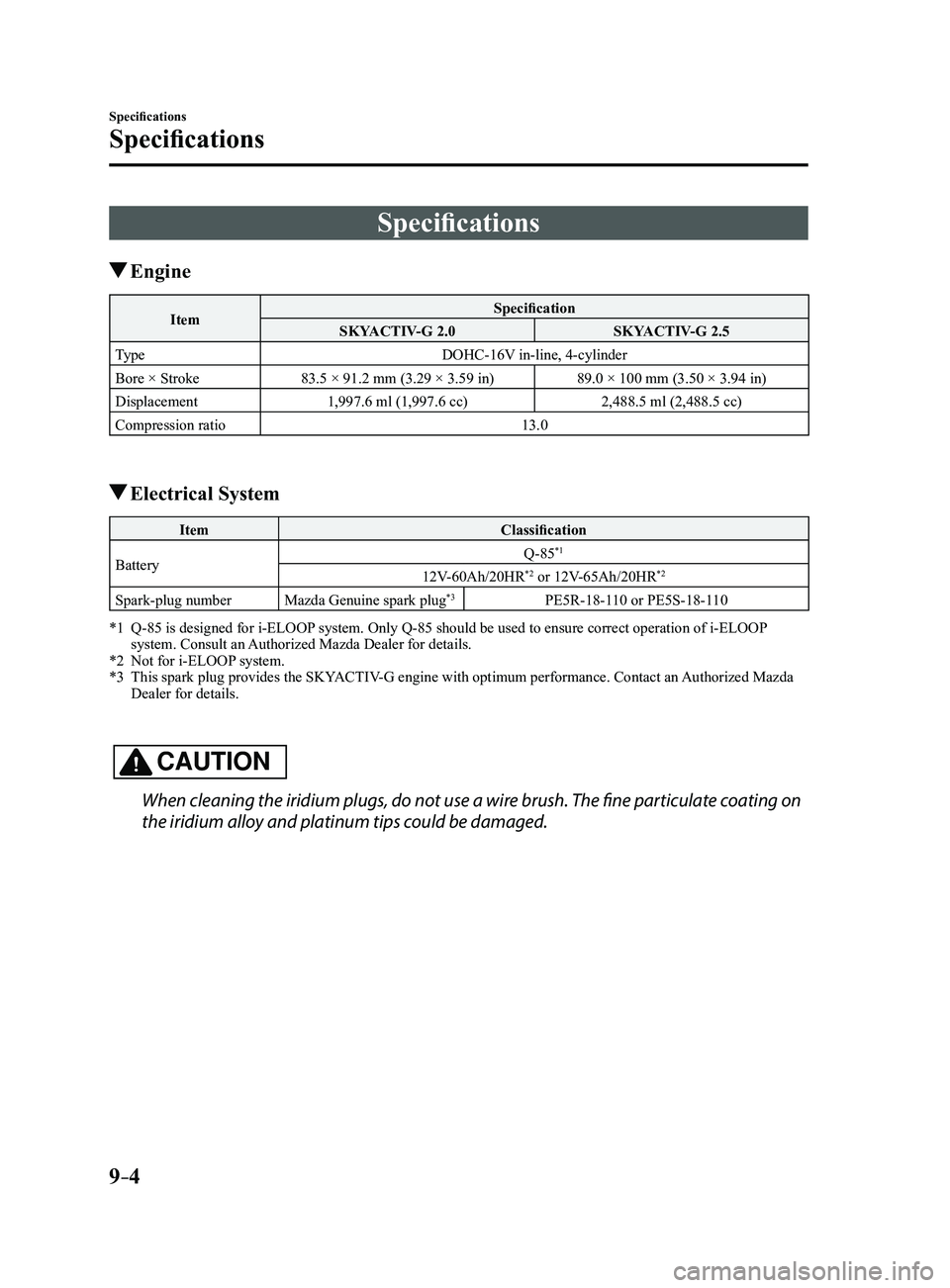 MAZDA MODEL 3 4-DOOR 2017  Owners Manual 9–4
Specifications
Specifications
Specifications
 Engine
ItemSpecification
SKYACTIV-G 2.0 SKYACTIV-G 2.5
Type DOHC-16V in-line, 4-cylinder
Bore × Stroke 83.5 × 91.2 mm (3.29 × 3.59 in) 89.0 × 10