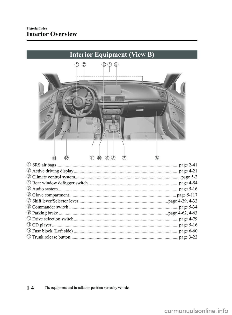 MAZDA MODEL 3 4-DOOR 2017 Owners Manual 1–4
Pictorial Index
Interior Overview
The equipment and installation position varies by vehicle
Interior Equipment (View B)
SRS air bags ............................................................ MAZDA MODEL 3 4-DOOR 2017 Owners Manual 1–4
Pictorial Index
Interior Overview
The equipment and installation position varies by vehicle
Interior Equipment (View B)
SRS air bags ............................................................