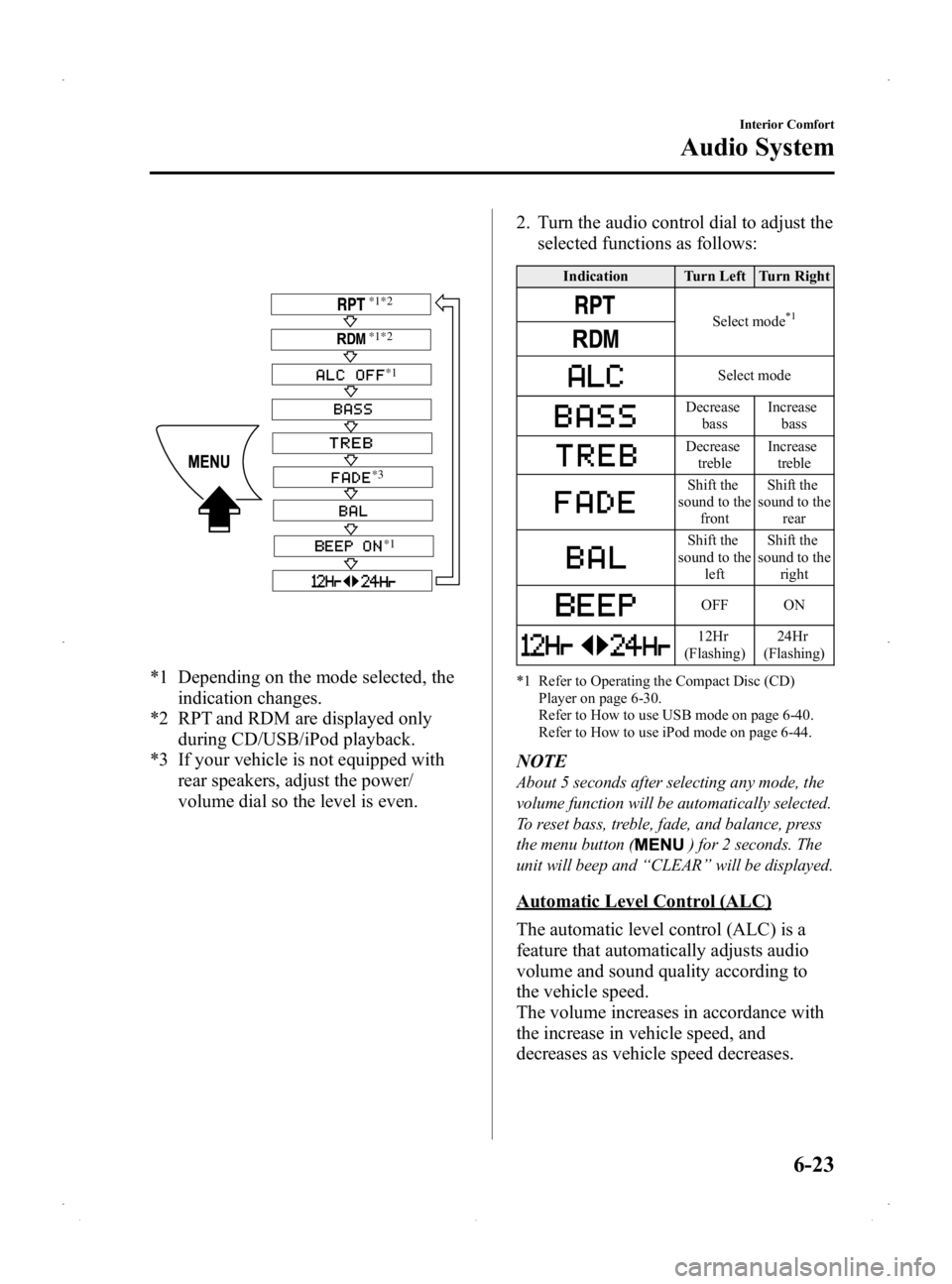 MAZDA MODEL 2 2014  Owners Manual Black plate (189,1)
*1
*3 *1
*1*2
*1*2
*1 Depending on the mode selected, the
indication changes.
*2 RPT and RDM are displayed only during CD/USB/iPod playback.
*3 If your vehicle is not equipped with