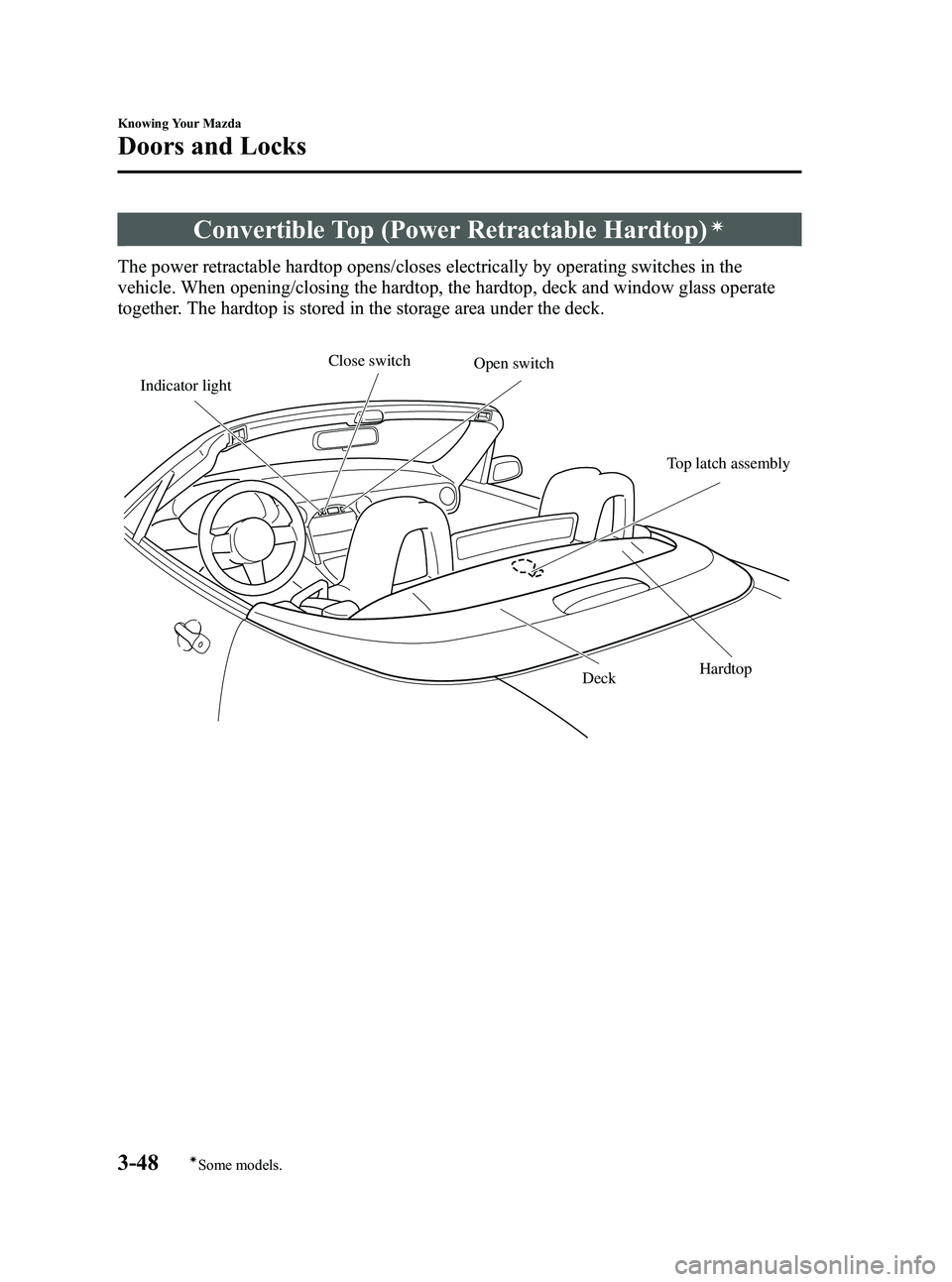 MAZDA MODEL MX-5 MIATA PRHT 2013  Owners Manual Black plate (102,1)
Convertible Top (Power Retractable Hardtop)í
The power retractable hardtop opens/closes electrically by operating switches in the
vehicle. When opening/closing the hardtop, the ha