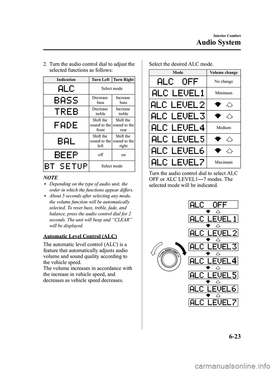 MAZDA MODEL 5 2012  Owners Manual Black plate (209,1)
2. Turn the audio control dial to adjust theselected functions as follows:
Indication Turn Left Turn Right
Select mode
Decrease
bass Increase
bass
Decreasetreble Increase
treble
Sh