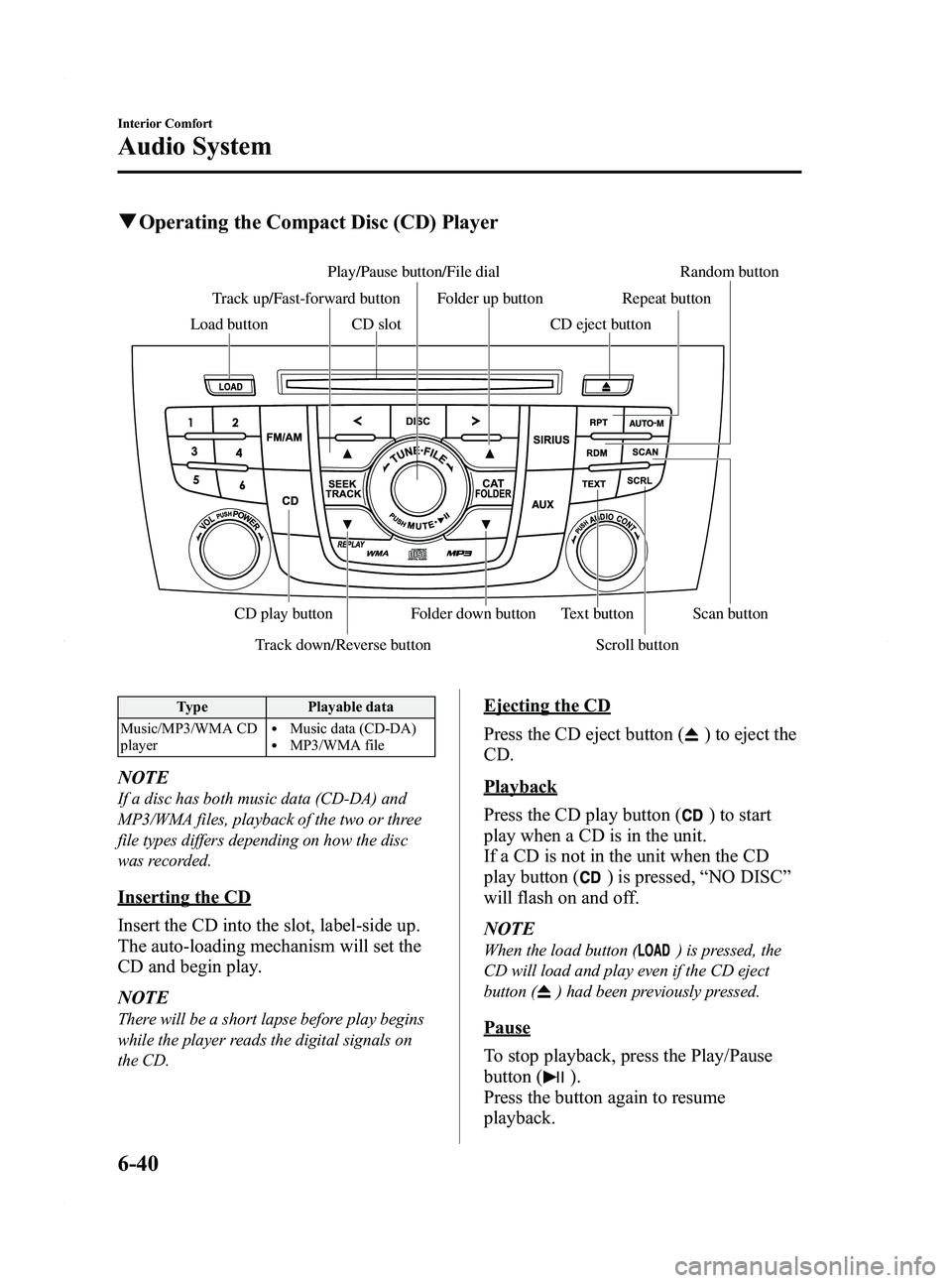 MAZDA MODEL 5 2012  Owners Manual Black plate (226,1)
qOperating the Compact Disc (CD) Player
Track down/Reverse button Scroll button
Play/Pause button/File dial Random button
CD slot
CD play button Folder down button Text button Scan