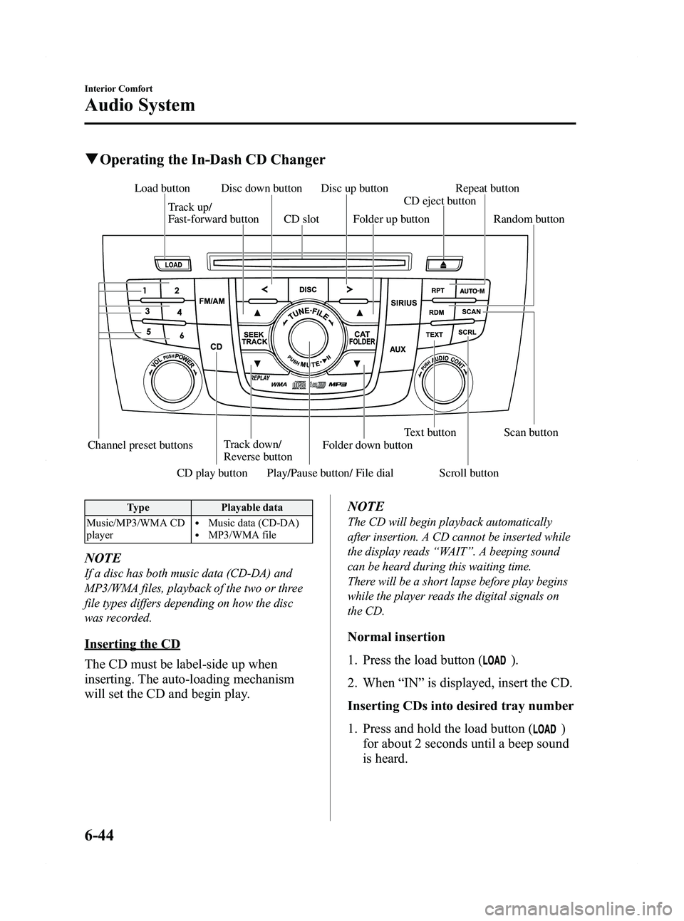 MAZDA MODEL 5 2012  Owners Manual Black plate (230,1)
qOperating the In-Dash CD Changer
Channel preset buttons Track down/   
Reverse button Text button Scan button
Play/Pause button/ File dial
Track up/               
Fast-forward bu