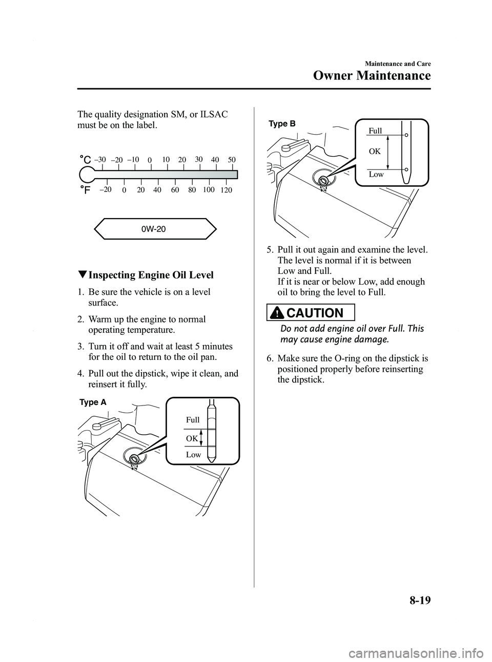 MAZDA MODEL 5 2012  Owners Manual Black plate (337,1)
The quality designation SM, or ILSAC
must be on the label.
0W-20
120
100
80
60
40
20
0
–20
5040
30
20
10
0
–10
–20
–30
q
Inspecting Engine Oil Level
1. Be sure the vehicle 