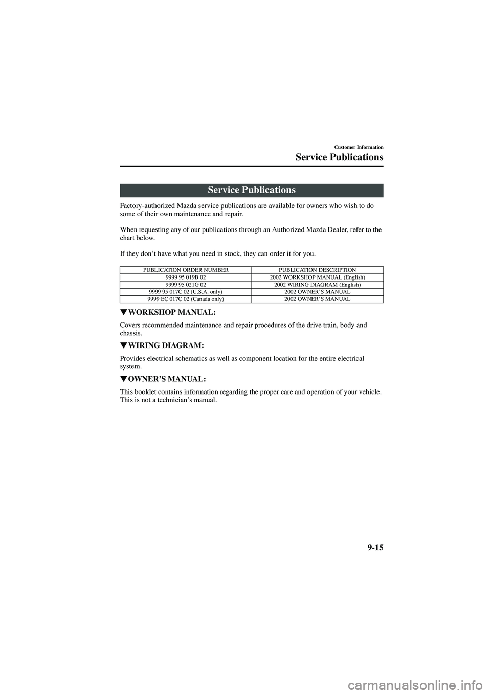 MAZDA MODEL 626 2002  Owners Manual 9-15
Customer Information
Form No. 8Q50-EA-01G
Service Publications
Factory-authorized Mazda service publications are available for owners who wish to do 
some of their own maintenance and repair.
Whe