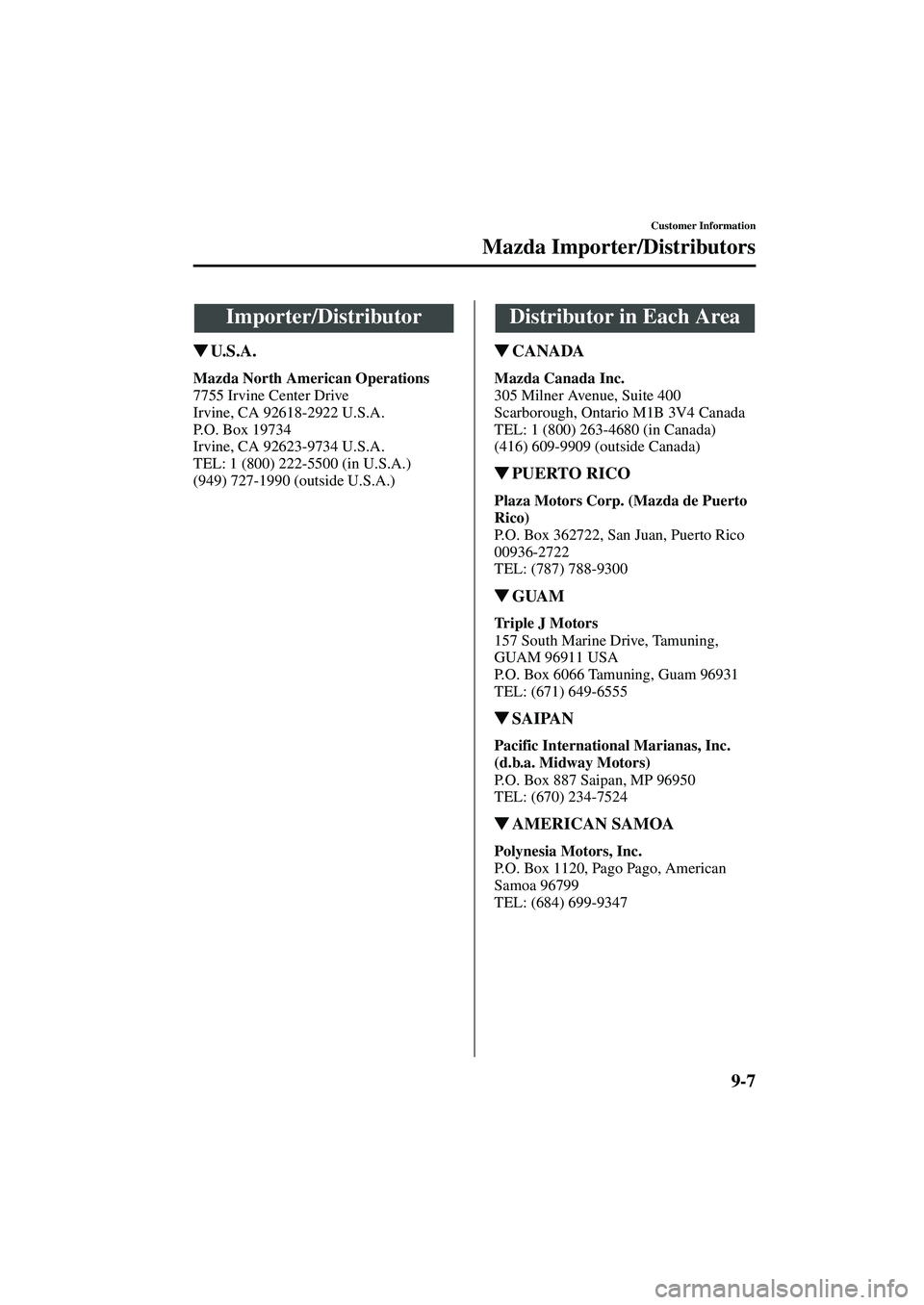 MAZDA MODEL MX-5 MIATA 2002 Owners Manual 9-7
Customer Information
Form No. 8Q42-EA-01F
Mazda Importer/Distributors
U. S . A .
Mazda North American Operations
7755 Irvine Center Drive
Irvine, CA 92618-2922 U.S.A.
P.O. Box 19734
Irvine, CA 92 MAZDA MODEL MX-5 MIATA 2002 Owners Manual 9-7
Customer Information
Form No. 8Q42-EA-01F
Mazda Importer/Distributors
U. S . A .
Mazda North American Operations
7755 Irvine Center Drive
Irvine, CA 92618-2922 U.S.A.
P.O. Box 19734
Irvine, CA 92
