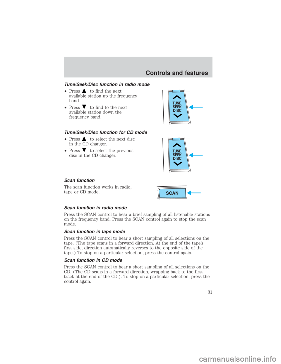 MAZDA MODEL TRIBUTE 4WD 2001  Owners Manual Tune/Seek/Disc function in radio mode
²Pressto find the next
available station up the frequency
band.
² Press
to find to the next
available station down the
frequency band.
Tune/Seek/Disc function f