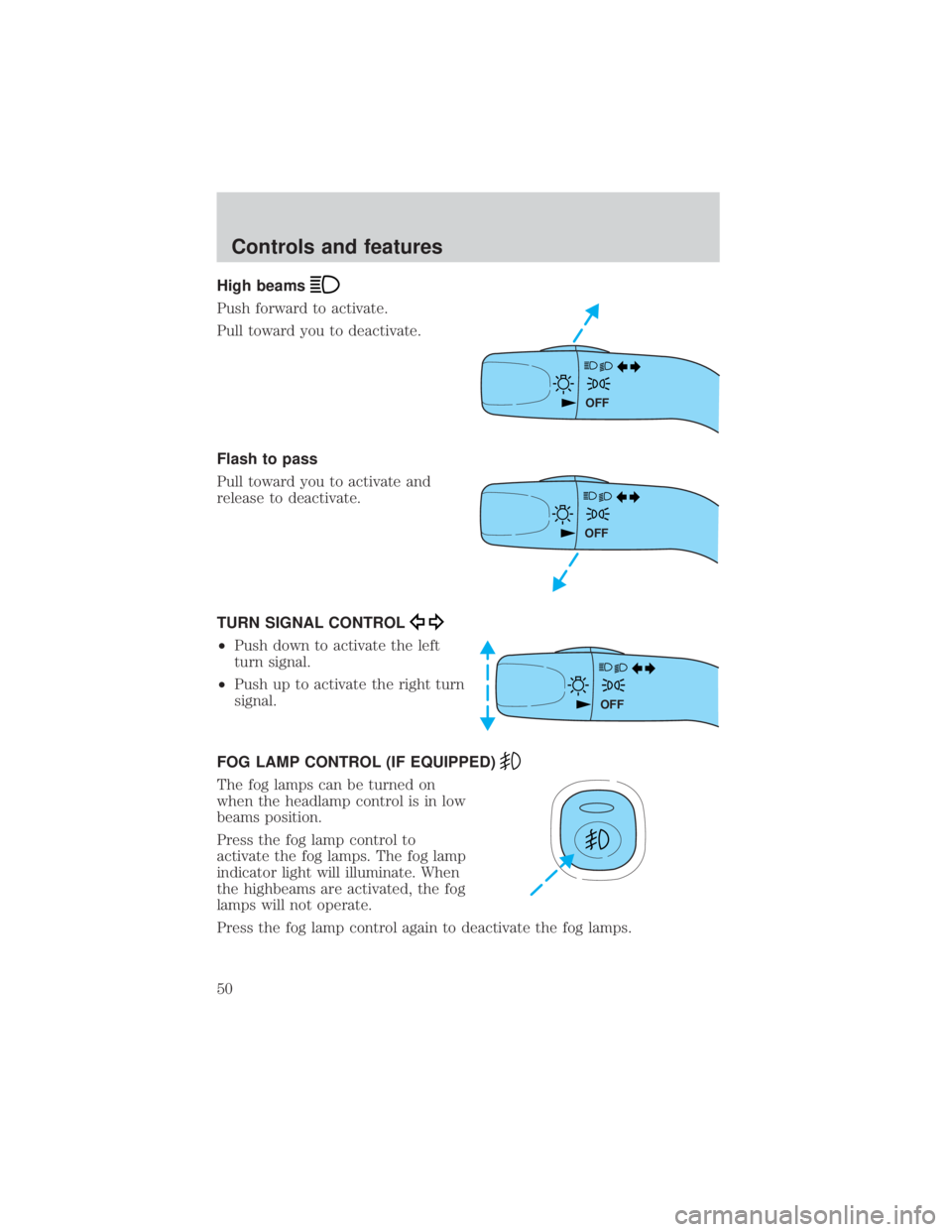 MAZDA MODEL TRIBUTE 4WD 2001  Owners Manual High beams
Push forward to activate.
Pull toward you to deactivate.
Flash to pass
Pull toward you to activate and
release to deactivate.
TURN SIGNAL CONTROL
²Push down to activate the left
turn signa
