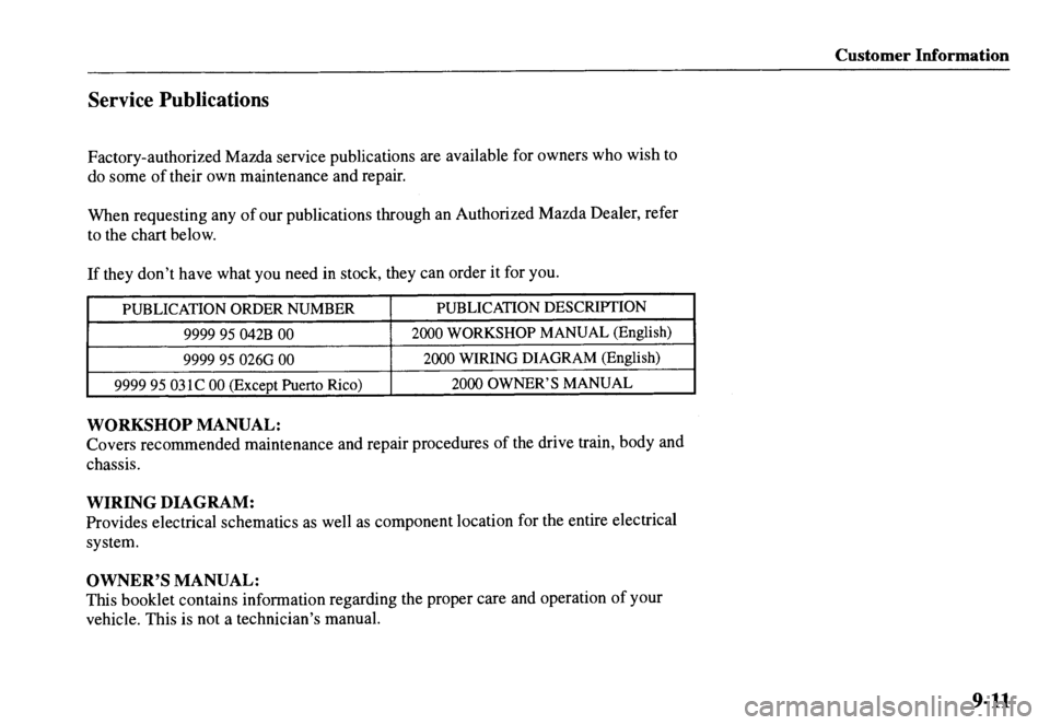 MAZDA MODEL MX-5 MIATA 2000  Owners Manual 