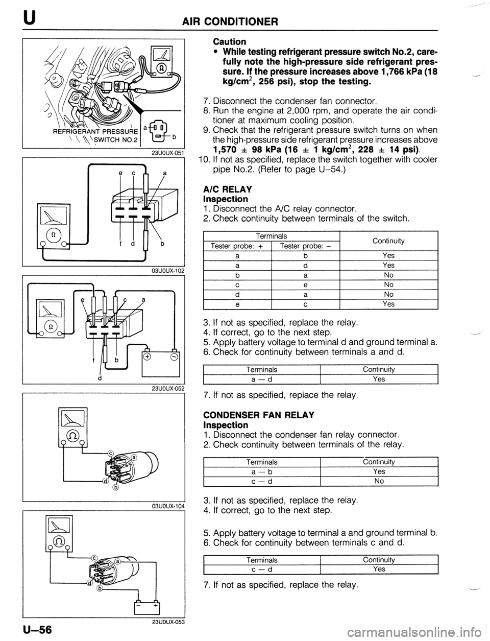 MAZDA 323 1989  Factory Repair Manual AIR CONDITIONER 
23UOUX-051 
23UOUX-05 
23UOUX-05 
U-56 
Caution 
l While testing refrigerant pressure switch No.2, care- 
fully note the high-pressure side refrigerant pres- 
sure. If the pressure in