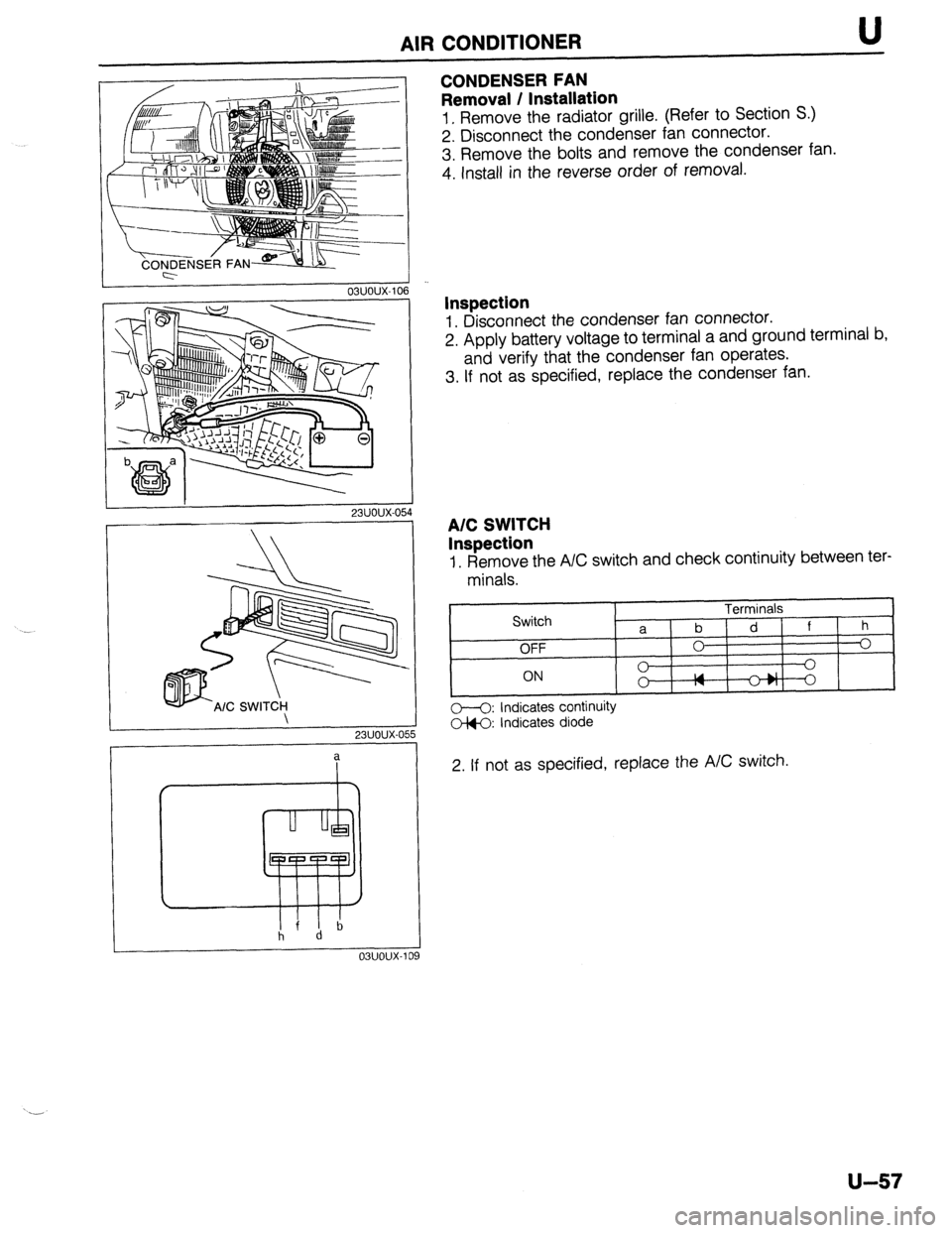 MAZDA 323 1989  Factory Repair Manual AIR CONDITIONER U 
CONDENSER FAN 
Removal / Installation 
1. Remove the radiator grille. (Refer to Section S.) 
2. Disconnect the condenser fan connector. 
3. Remove the bolts and remove the condenser