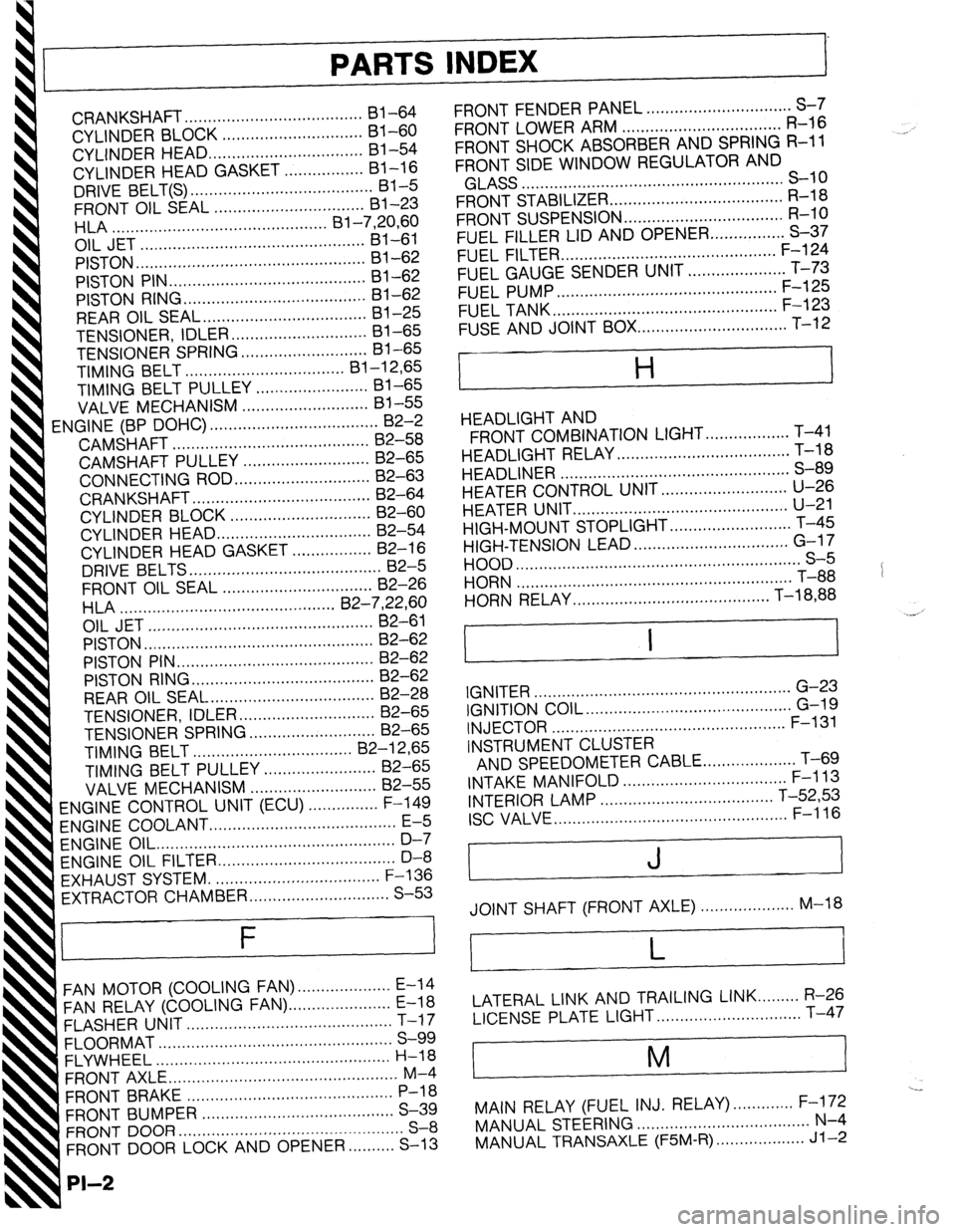 MAZDA 323 1989  Factory Repair Manual PARTS INDEX 
I 
CRANKSHAFT.. .................................... 
I31 -64 
CYLINDER BLOCK .............................. 61-60 
CYLINDER HEAD.. 
............................... 81-54 
CYLINDER HEAD G