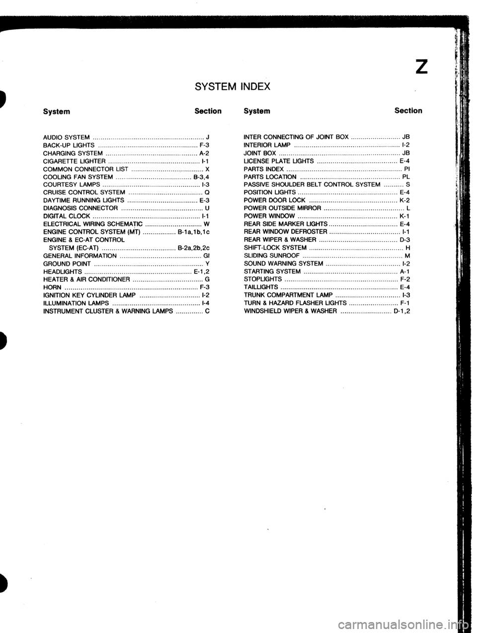 MAZDA 323 1989  Factory Repair Manual Z 
SYSTEM INDEX 
System Section System Section 
AUDIO SYSTEM ......................................................... J 
BACK-UP LIGHTS ................................................... 
F-3 
CHARG