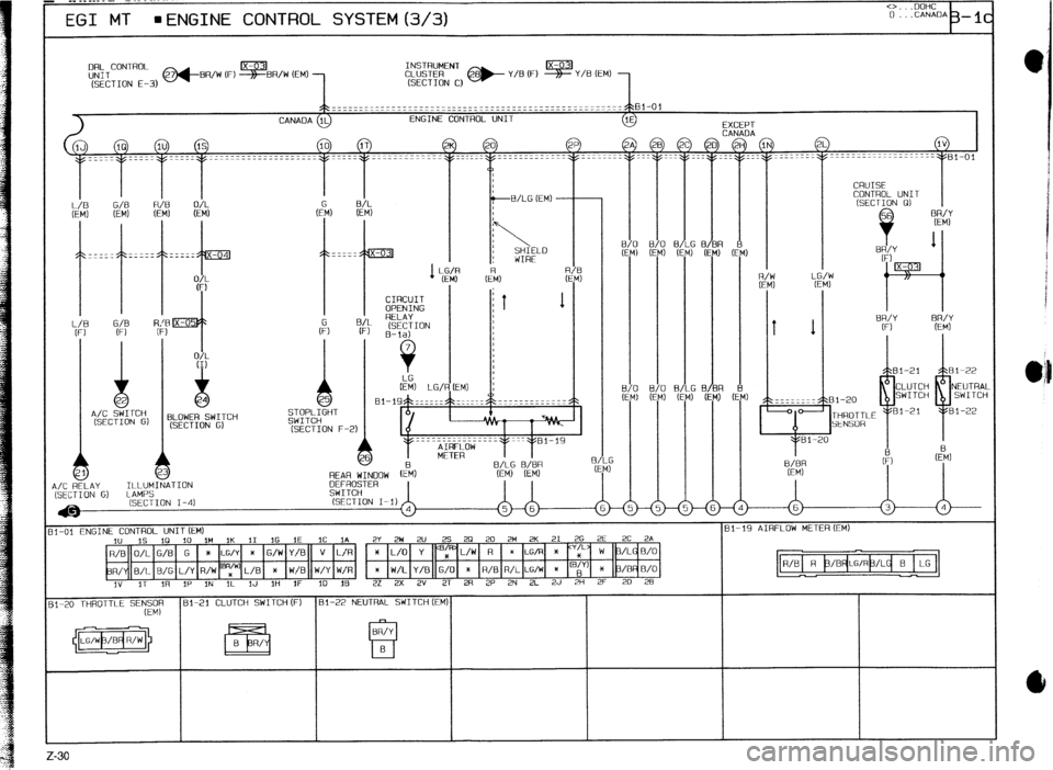 MAZDA 323 1989  Factory Repair Manual (SECTION I-41 
4 
I31 
81 -01 ENGINE CONTROL UNITIEM) 
1" IS 10 10 1M 1K 11 1G 1E 1C 1A 2Y 2W 2U 25 2Q 20 2M 2K 21 26 2E 2C 2A 
R/0 O/L G/0 G Y LG/Y * G/W Y/B 
v L/R * L/O Y y%/W R Y LG/R X ’ +  ‘