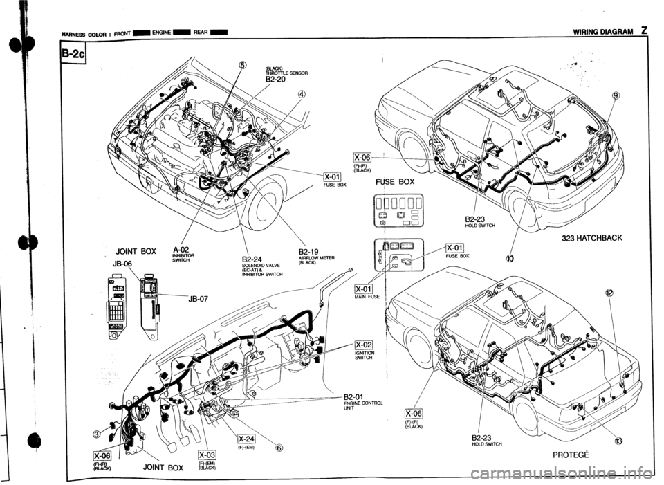 MAZDA 323 1989  Factory Repair Manual /  I 
323 HATCHBACK 
JOINT BOX A-02 //pig 
INHIBITOR B&19 Bi-23 
HOLD SWITCH 
i JB-07 MAlNSE 
R% JOINT BOX (WW (BLACK) 
82-23 HOLD SWITCH 
PROTEGi 
z-39  
