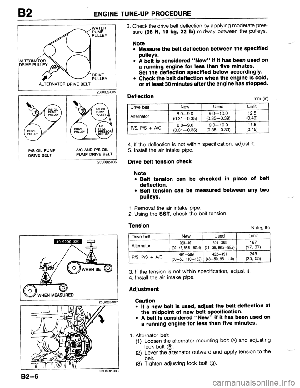 MAZDA 323 1989  Factory Repair Manual B2 ENGINE TUNE-UP PROCEDURE 
ALTERNATOR DRIVE BELT 
2311082-00 
P/S OIL PUMP 
DRIVE BELT 
- 
A/C AND P/S OIL 
PUMP DRIVE BELT 
23UOB2-001 
1 
23UOB2-00 
23UOB2-OC 
3. Check the drive belt deflection b