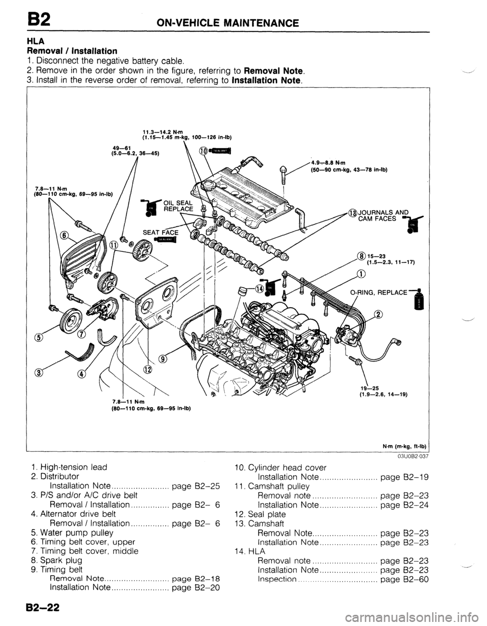 MAZDA 323 1989  Factory Repair Manual B2 ON-VEHICLE MAINTENANCE 
HLA 
Removal / Installation 
1. Disconnect the negative battery cable. 
2. Remove in the order shown in the figure, referring to 
Removal Note. 
3. install in the reverse or
