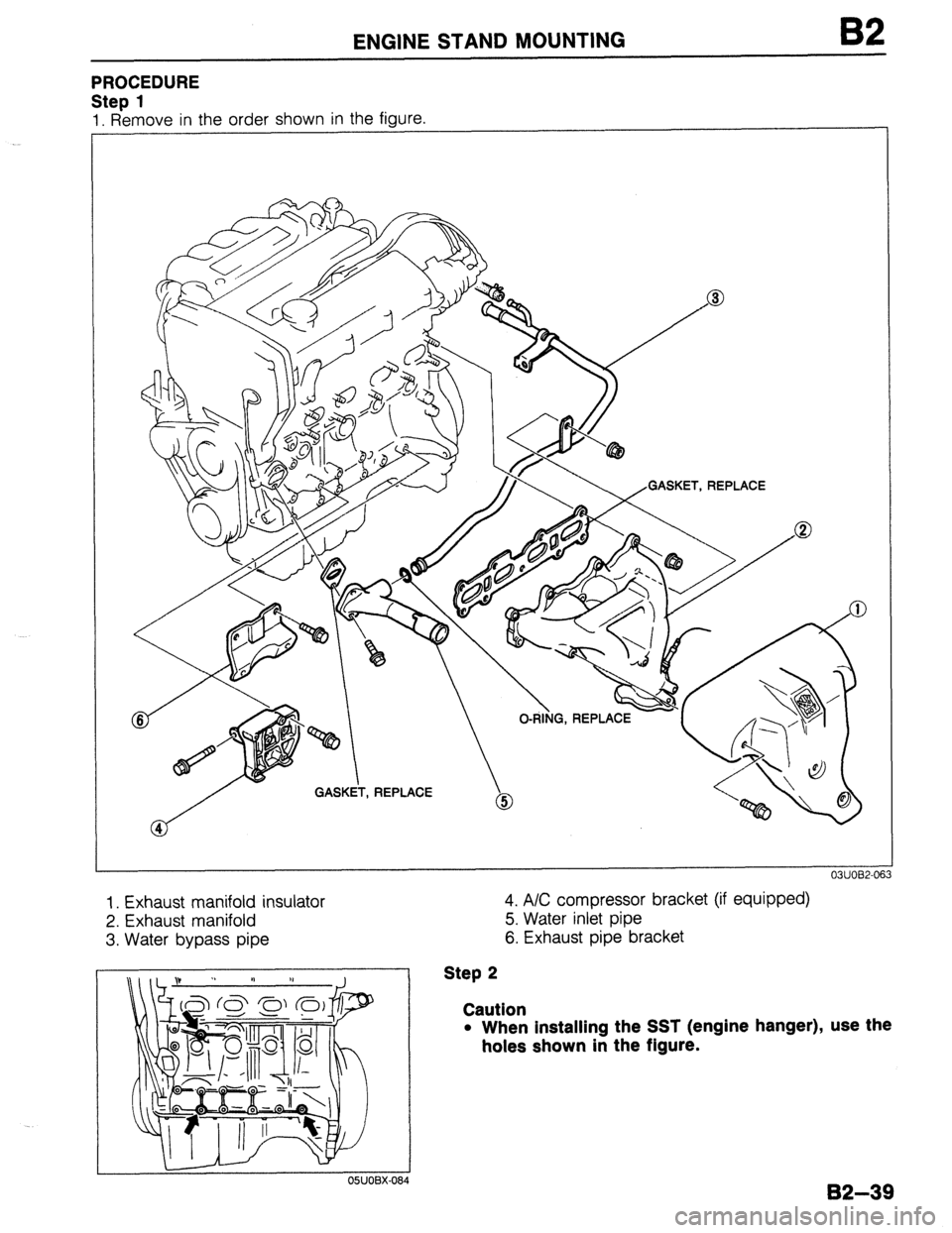 MAZDA 323 1989  Factory Repair Manual ENGINE STAND MOUNTING B2 
PROCEDURE 
Step 1 
1. Remove in the order shown in the figure. 
r 
GASKET, REPLACE 
1. Exhaust manifold insulator 
2. Exhaust manifold 
3. Water bypass pipe 
OSUOBX-084 
4. A