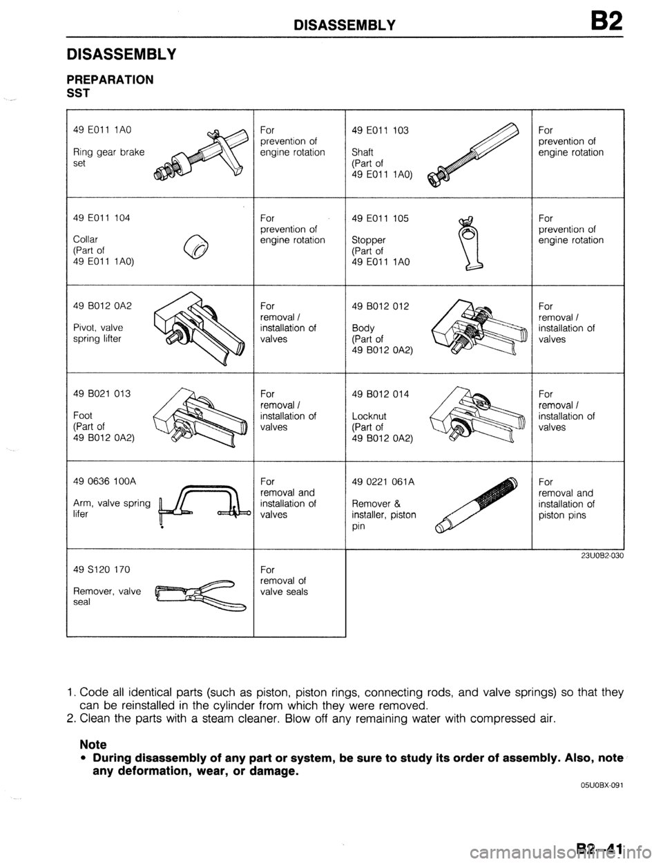 MAZDA 323 1989 Factory Repair Manual DISASSEMBLY B2
DISASSEMBLY
PREPARATION
SST
._
49 EOll 1AO
Ring gear brake
set
49 EOll 104
Collar
(Part of
49 EOI 1 1 AO)
49 8012 OA2
Pivot, valve
spring lifter
49 B021 013
Foot
(Part MAZDA 323 1989 Factory Repair Manual DISASSEMBLY B2
DISASSEMBLY
PREPARATION
SST
._
49 EOll 1AO
Ring gear brake
set
49 EOll 104
Collar
(Part of
49 EOI 1 1 AO)
49 8012 OA2
Pivot, valve
spring lifter
49 B021 013
Foot
(Part