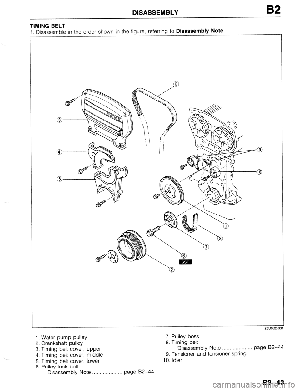 MAZDA 323 1989  Factory Repair Manual DISASSEMBLY 82 
TIMING BELT 
1. Disassemble in the order shown in the figure, referring to Disassembly Note. 
23UOB2-0: 
1. Water pump pulley 
2. Crankshaft pulley 
3. Timing belt cover, upper 
4. Tim