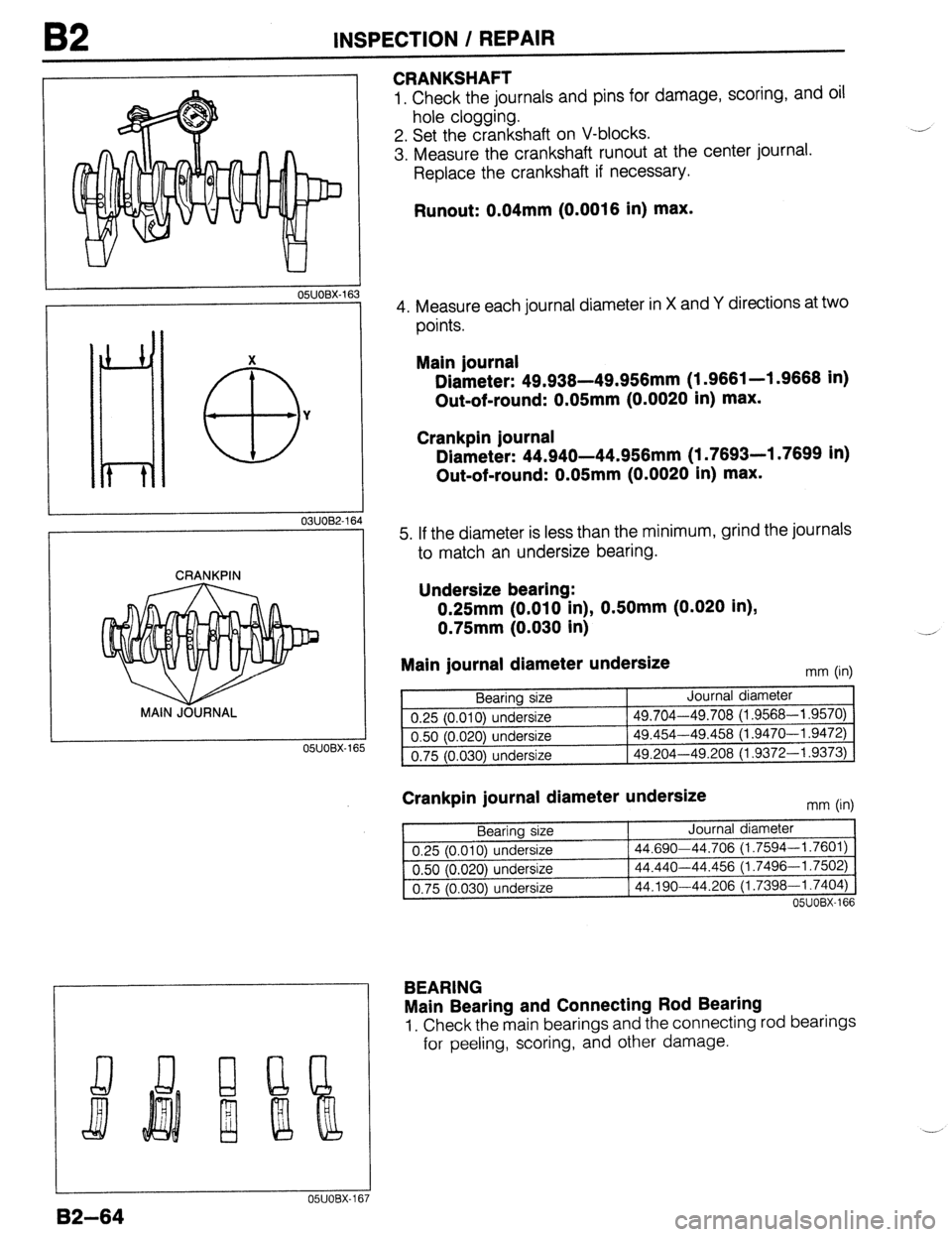 MAZDA 323 1989 Factory Repair Manual OSUOBX-1E
X
a3 Y
03UOB2-11
CRANKPIN
MAIN JOURNAL
OSUOBX-1
B2 INSPECTION / REPAIR
CRANKSHAFT
1. Check the journals and pins for damage, scoring, and oil
hole clogging.
2. Set the crankshaft MAZDA 323 1989 Factory Repair Manual OSUOBX-1E
X
a3 Y
03UOB2-11
CRANKPIN
MAIN JOURNAL
OSUOBX-1
B2 INSPECTION / REPAIR
CRANKSHAFT
1. Check the journals and pins for damage, scoring, and oil
hole clogging.
2. Set the crankshaft