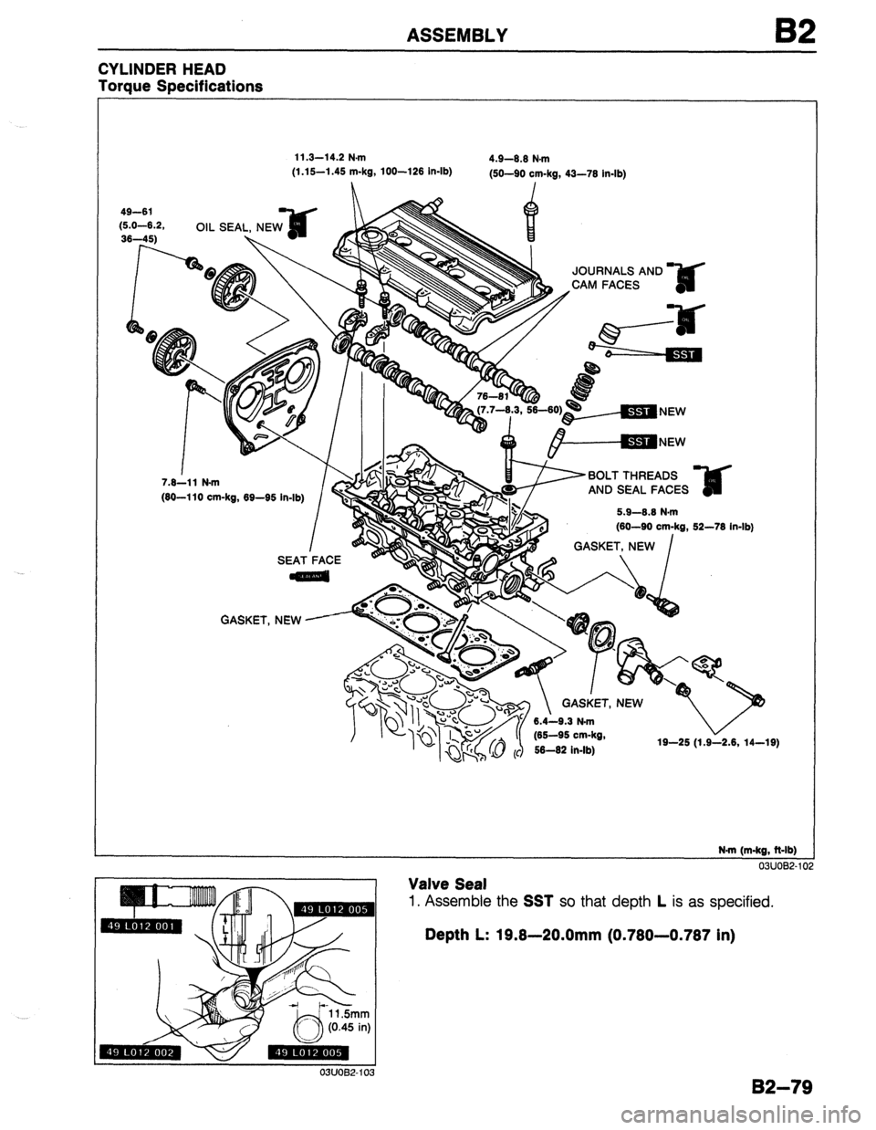 MAZDA 323 1989  Factory Repair Manual ASSEMBLY 82 
CYLINDER HEAD 
Torque Specifications 
11.3-l 4.2 N.m 
(1.15-1.45 m-kg, loo-126 In-lb) 4.9-8.6 N.m 
(50-90 cm-kg, 43-76 In-lb) 
I I I I - 
I I I . 7.6-11 N.m JOURNALS AND 
-CAM FACES 
(60-